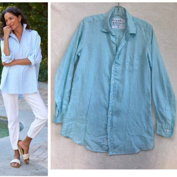 Frank & Eileen 100% Linen Shirley Button Shirt Classic Preppy Minimalist Blue M - Picture 1 of 16